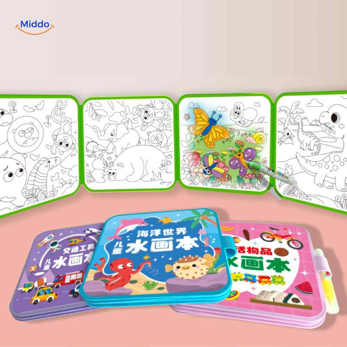 Colorful water coloring pages with water-activated ink for mess-free kids art fun.
