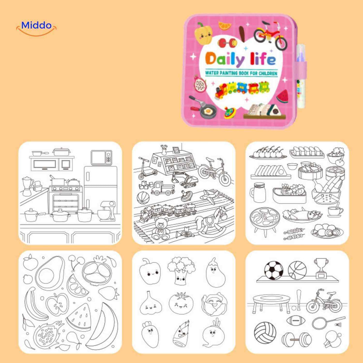 Water coloring pages with everyday life scenes for creative kids play.