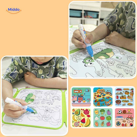 Kids reusable water coloring book with magical animal designs that reveal with water.