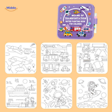 Water coloring book with planes, cars, and transportation vehicles for kids.