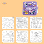 Water coloring book with planes, cars, and transportation vehicles for kids.
