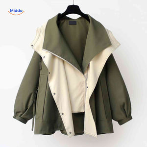 AquaShell oversized trench coat in forest green with cream collar detail.
