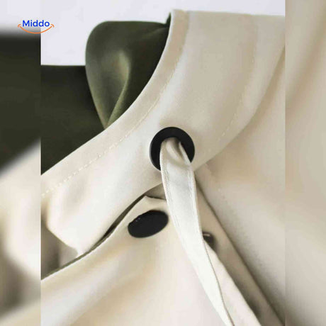 AquaShell trench coat detail showing premium buttons and closure.