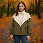 AquaShell trench coat in forest green with cream collar.