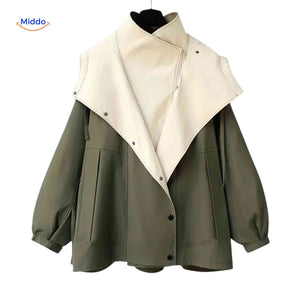 AquaShell trench coat in green with high collar design.