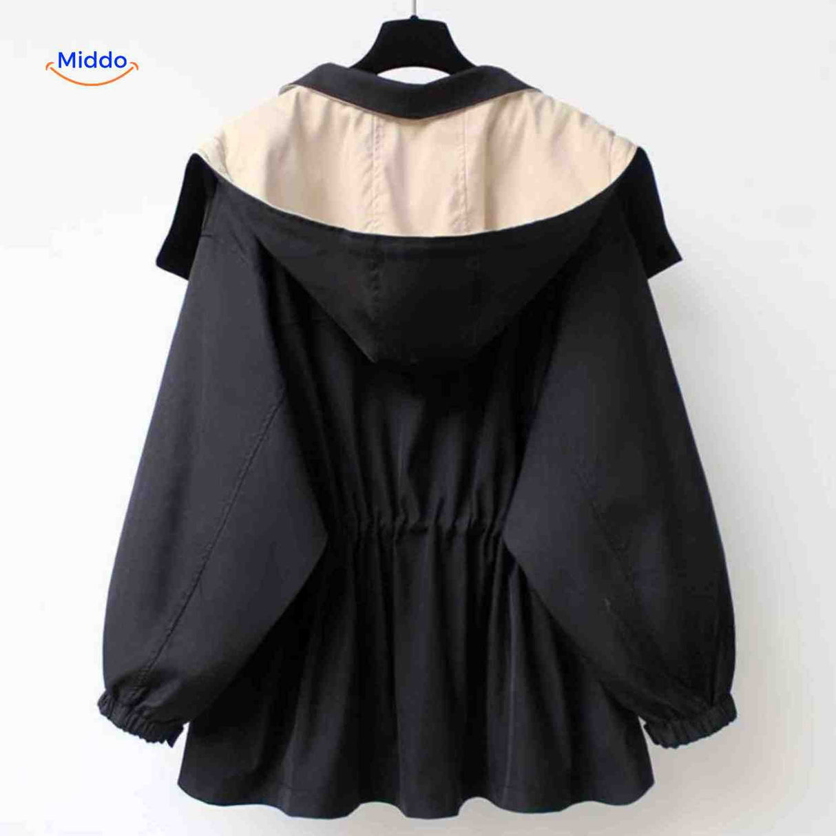 AquaShell trench coat with hood in black with cream detail.