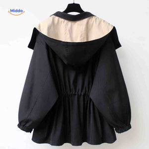 AquaShell trench coat with hood in black with cream detail.