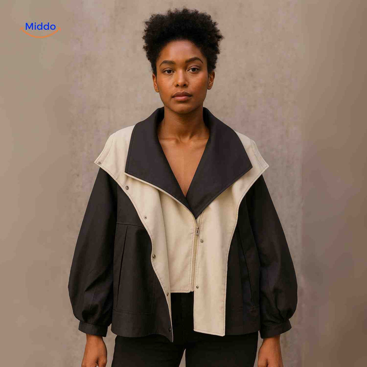 AquaShell water-repellent trench coat in black with cream collar trim.