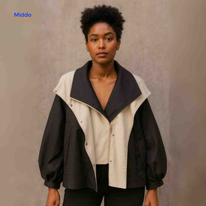 AquaShell water-repellent trench coat in black with cream collar trim.