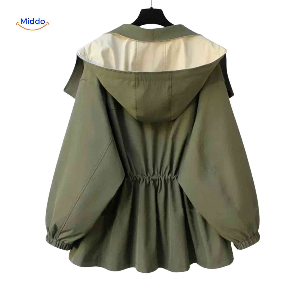 AquaShell water-repellent trench coat with hood in green and cream.