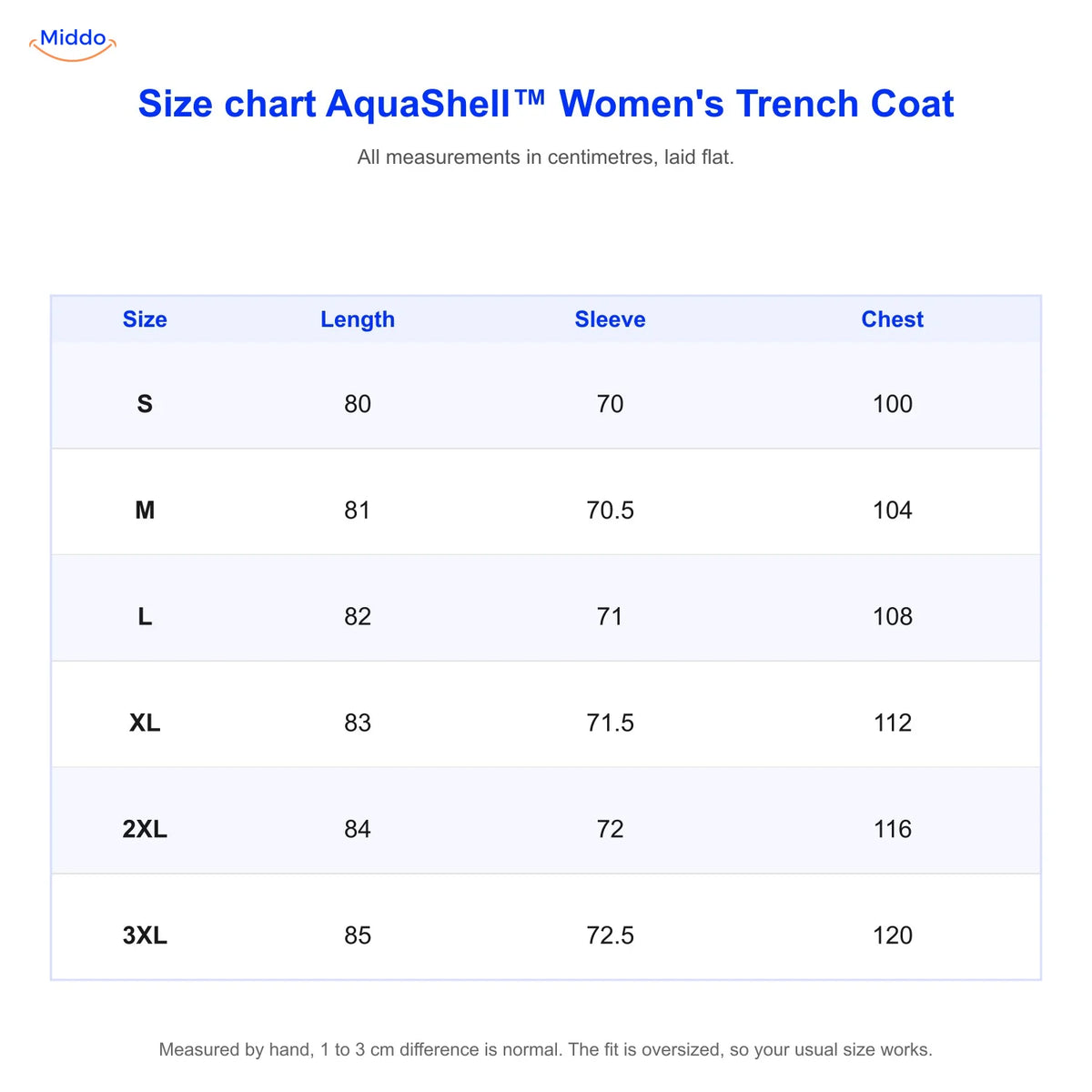 AquaShell women's trench coat size chart