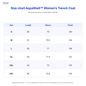 AquaShell women's trench coat size chart