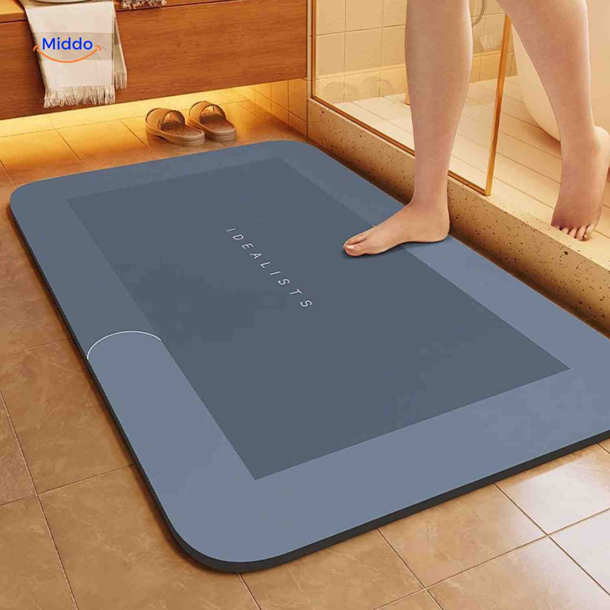 Rectangle blue-gray quick-dry non-slip bath mat with water-absorbing fibers.