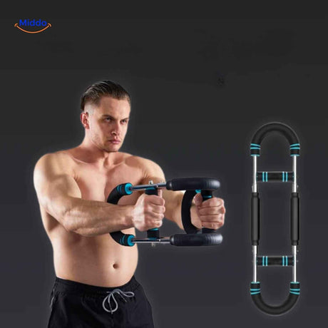 Man demonstrating arm trainer exercise for chest and biceps development.