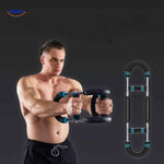 Man demonstrating arm trainer exercise for chest and biceps development.
