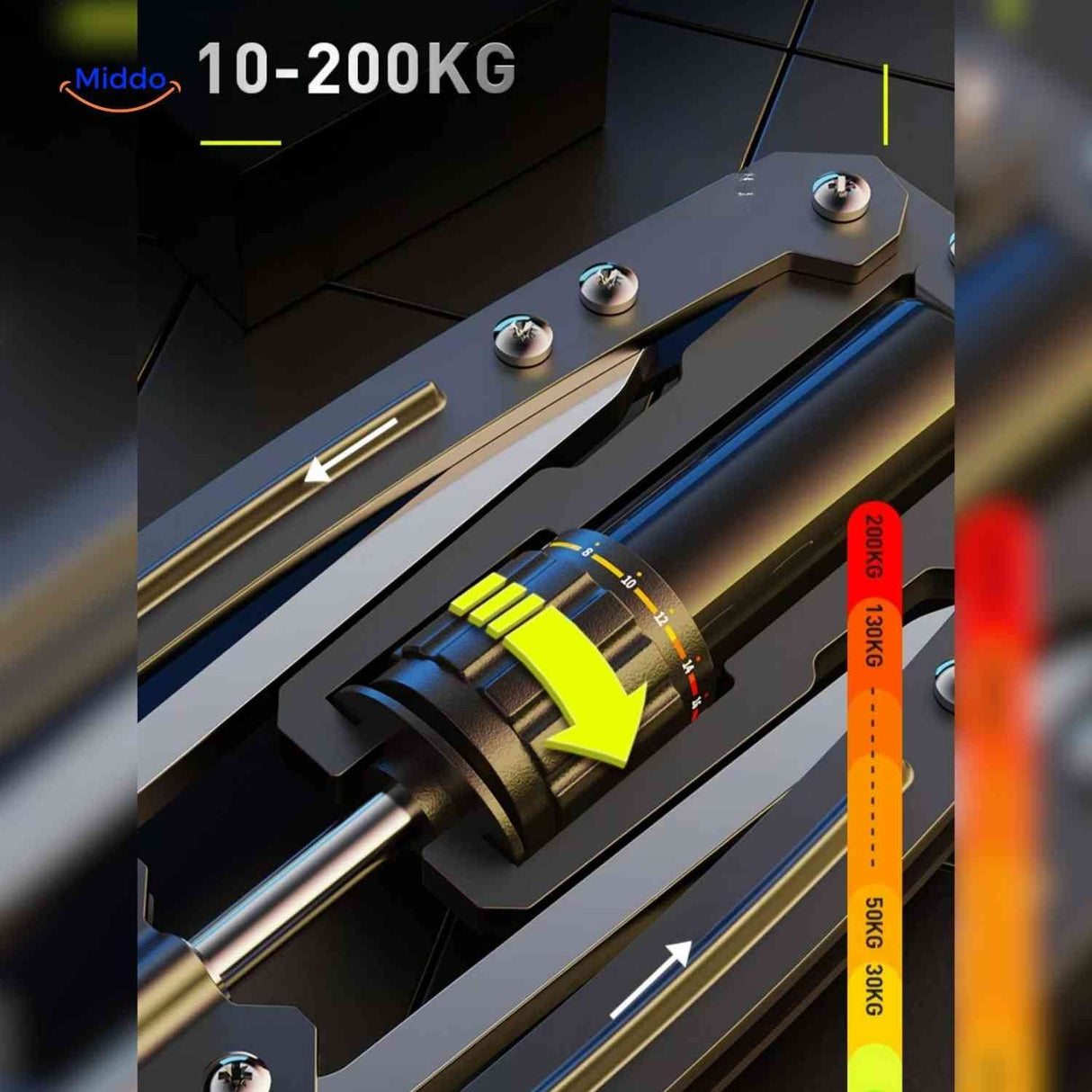 Arm trainer displaying adjustable resistance settings up to 200kg.