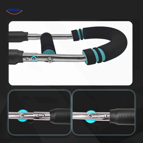 Close-up of adjustable spring resistance and non-slip foam grip design.