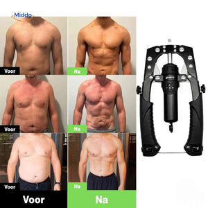 Before and after results showing muscle development from arm trainer workouts.