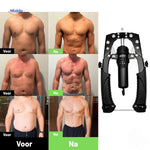 Before and after results showing muscle development from arm trainer workouts.