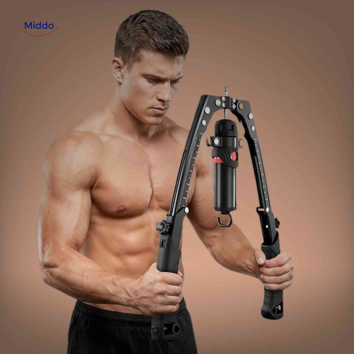 Man performing chest and arm exercise with adjustable resistance arm trainer.