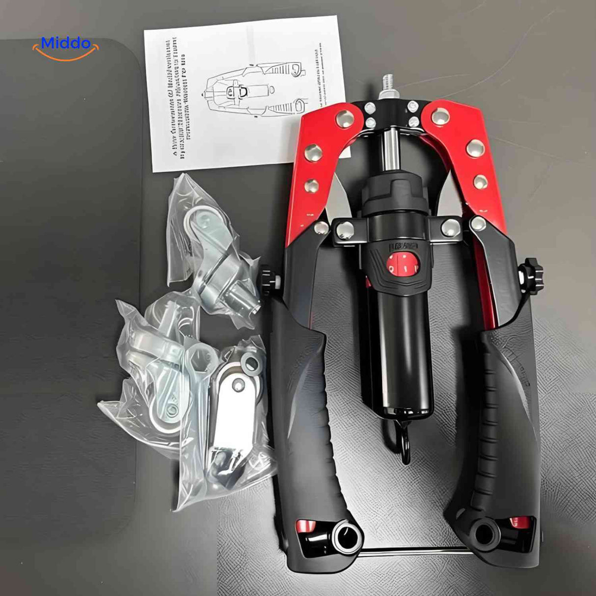 Complete arm trainer set with all included accessories and attachments.