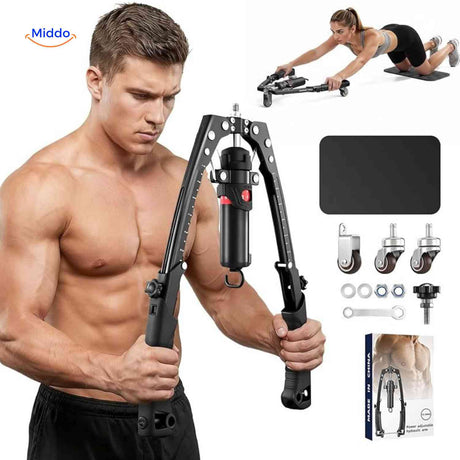 Man using complete arm trainer set for comprehensive workout.