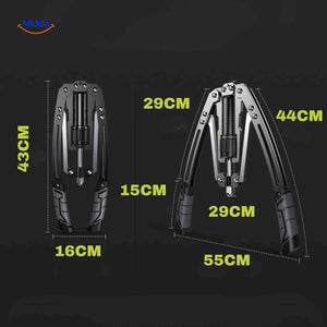 Compact foldable arm trainer showing space-saving design and dimensions.