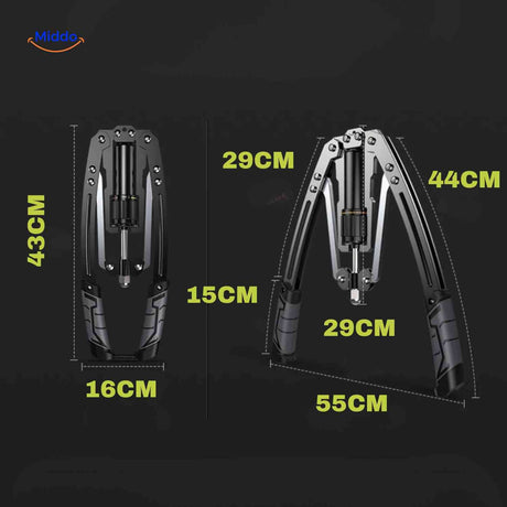 Compact foldable arm trainer showing space-saving design and dimensions.
