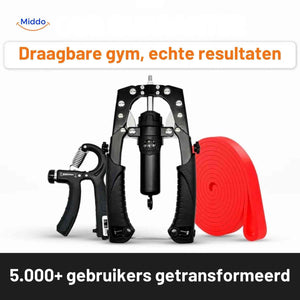 Complete arm trainer set including hand gripper and resistance band.