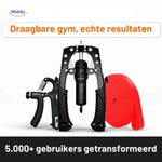 Complete arm trainer set including hand gripper and resistance band.