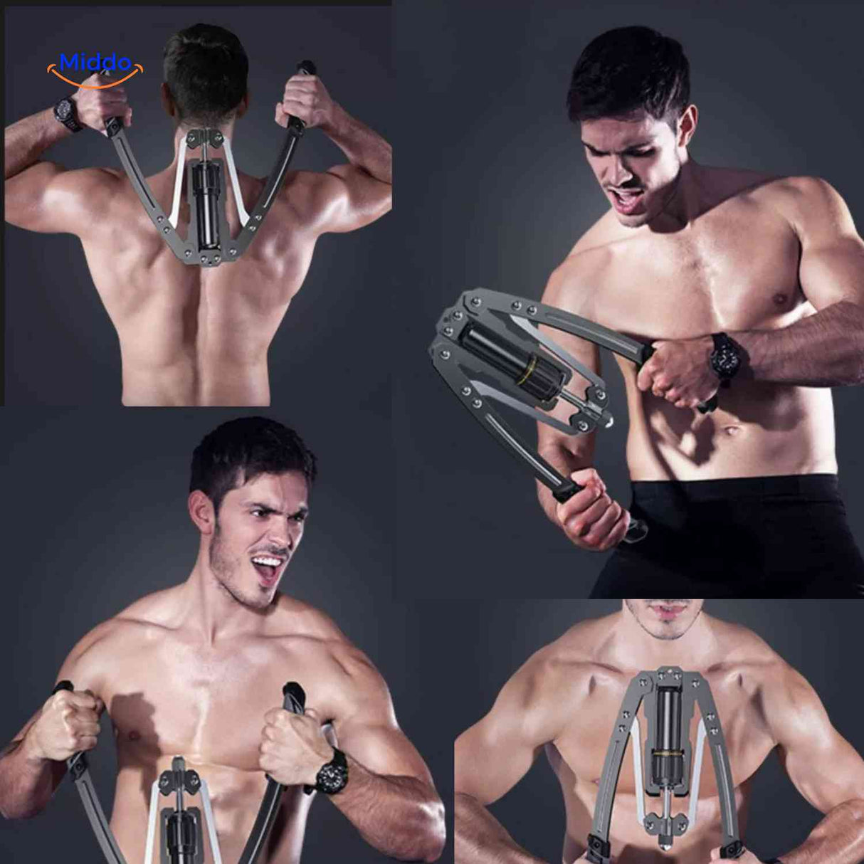Arm trainer demonstrating various exercise positions for chest, arms, and shoulders.