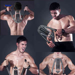 Arm trainer demonstrating various exercise positions for chest, arms, and shoulders.