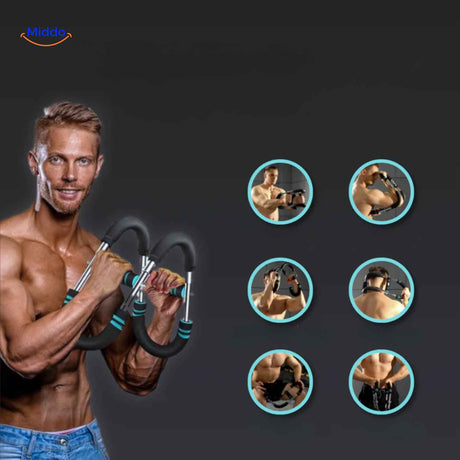 Multiple exercises with arm trainer targeting full upper body workout.