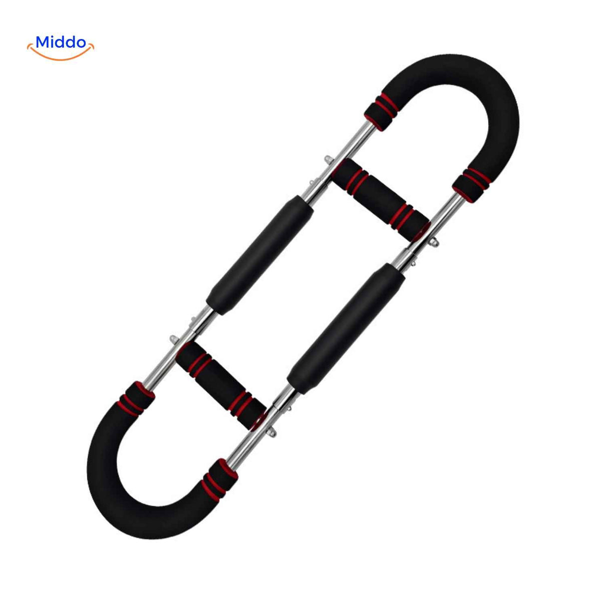 Red arm trainer with non-slip grips designed for home fitness use.
