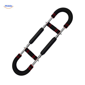 Red arm trainer with non-slip grips designed for home fitness use.