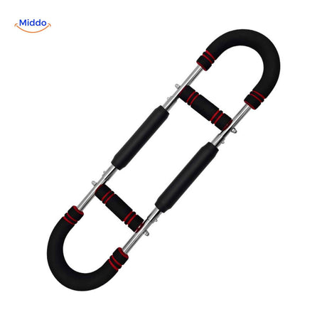 Red arm trainer with non-slip grips designed for home fitness use.