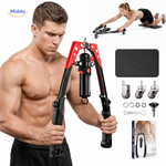 Compact arm trainer with wheeled base for easy portability.