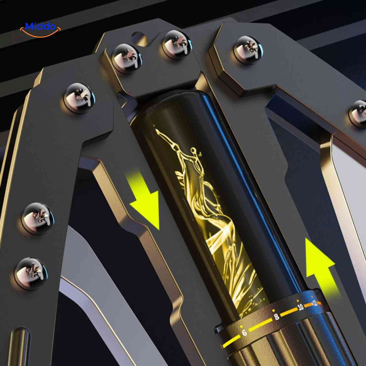 Close-up detail of adjustable resistance cylinder mechanism.