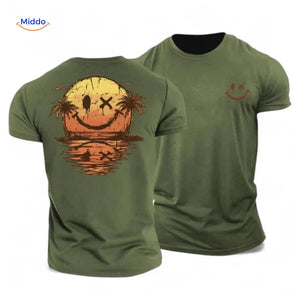 Army green breathable t-shirt with sunset smiley print.