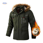 Army green waterproof men's winter jacket with hood and flap pockets.