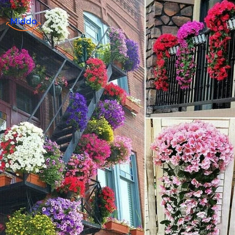Pink artificial orchid cascade displayed on staircase and balcony.