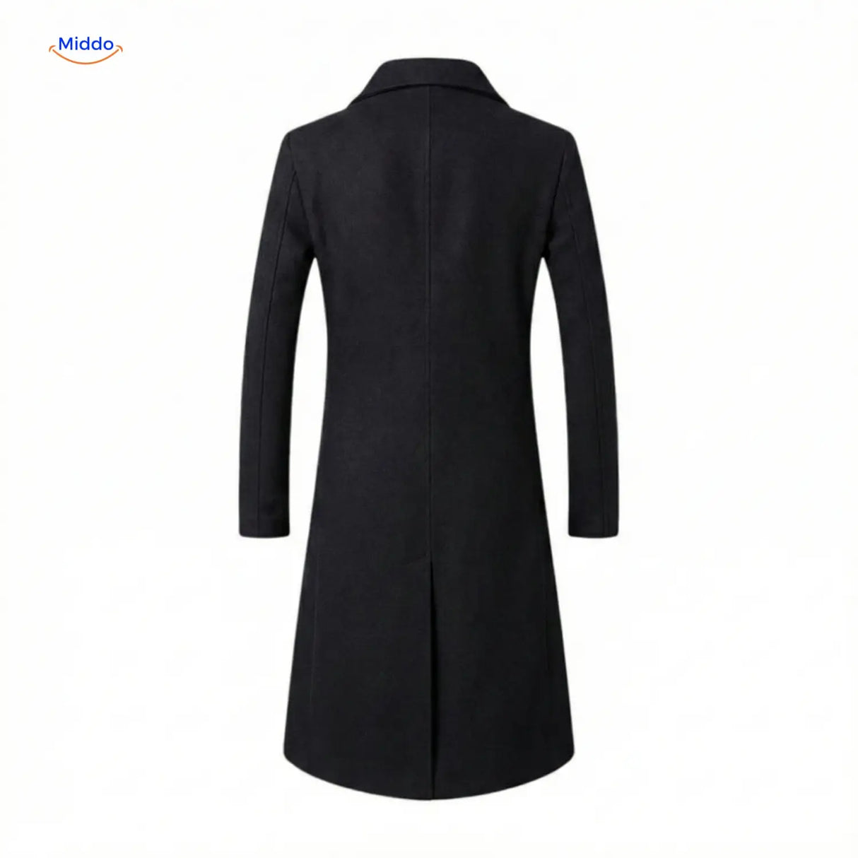 Back view of black wool trench coat showing fitted silhouette and seaming.