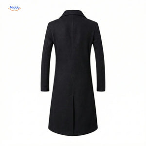 Back view of black wool trench coat showing fitted silhouette and seaming.