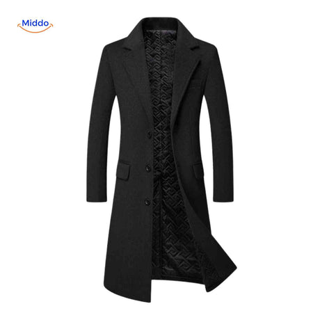 Black wool trench coat worn full-length with traditional military-inspired cut.