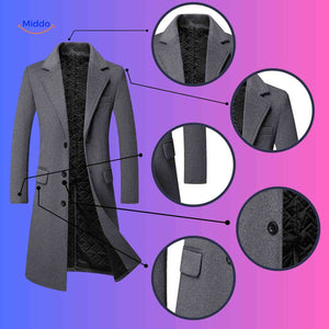 Close-up detail of ashford trench coat fabric weave and tailored construction.