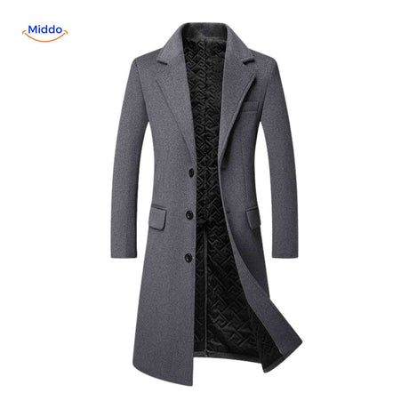 Gray wool coat interior with quilted lining for warmth and comfort.