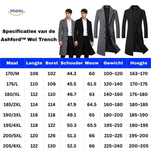 Sizing chart for ashford wool trench coat with detailed mens measurements.