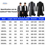 Sizing chart for ashford wool trench coat with detailed mens measurements.