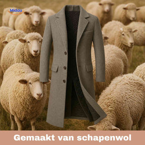 Gray wool trench coat with classic British styling and timeless design.