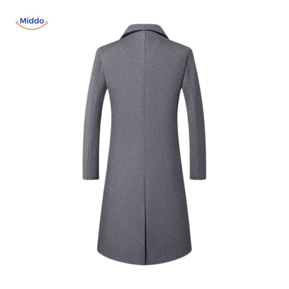 Gray wool trench coat styled for men with premium wool blend fabric.